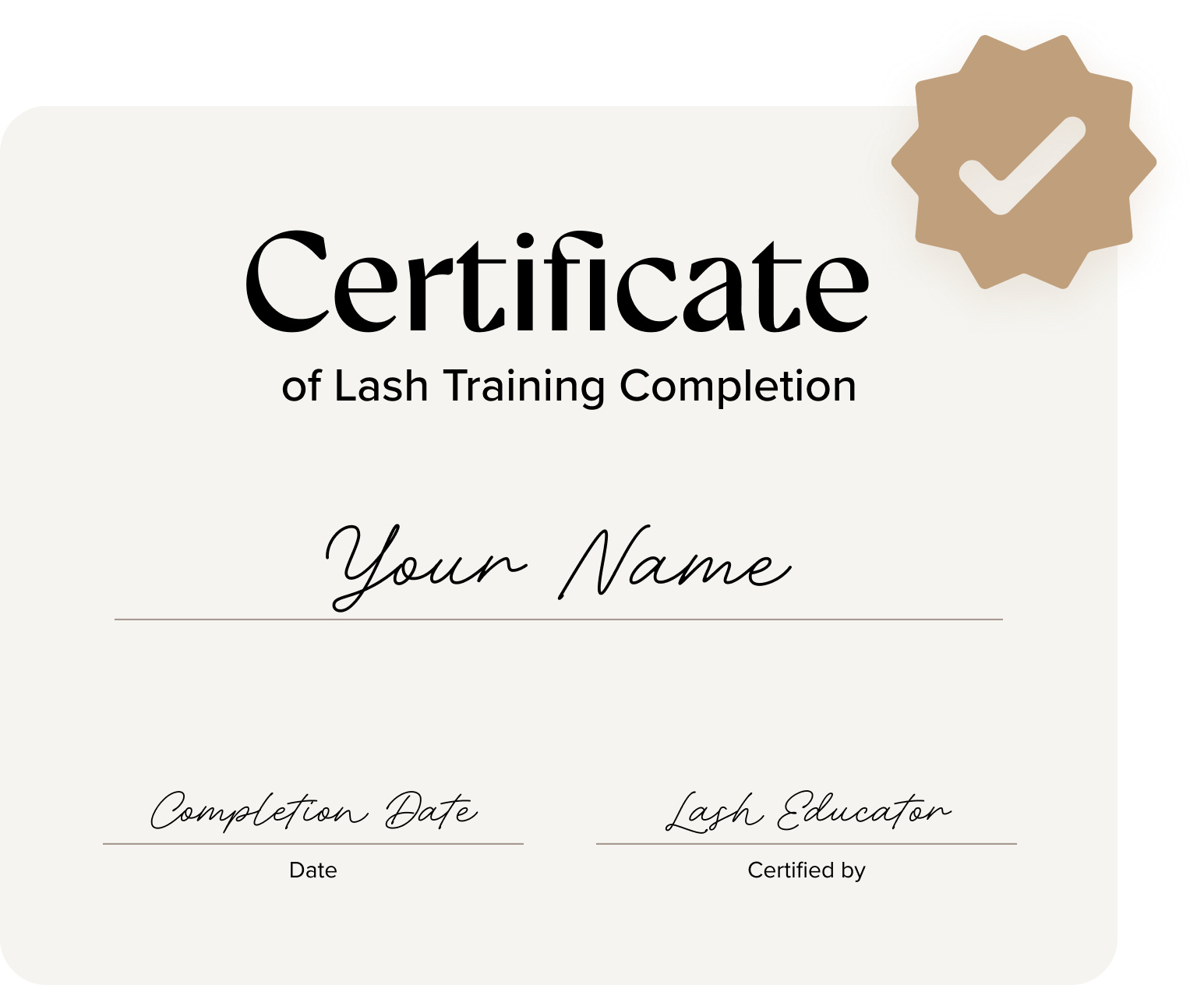 Certificate of lash training completion with Winkly verified badge