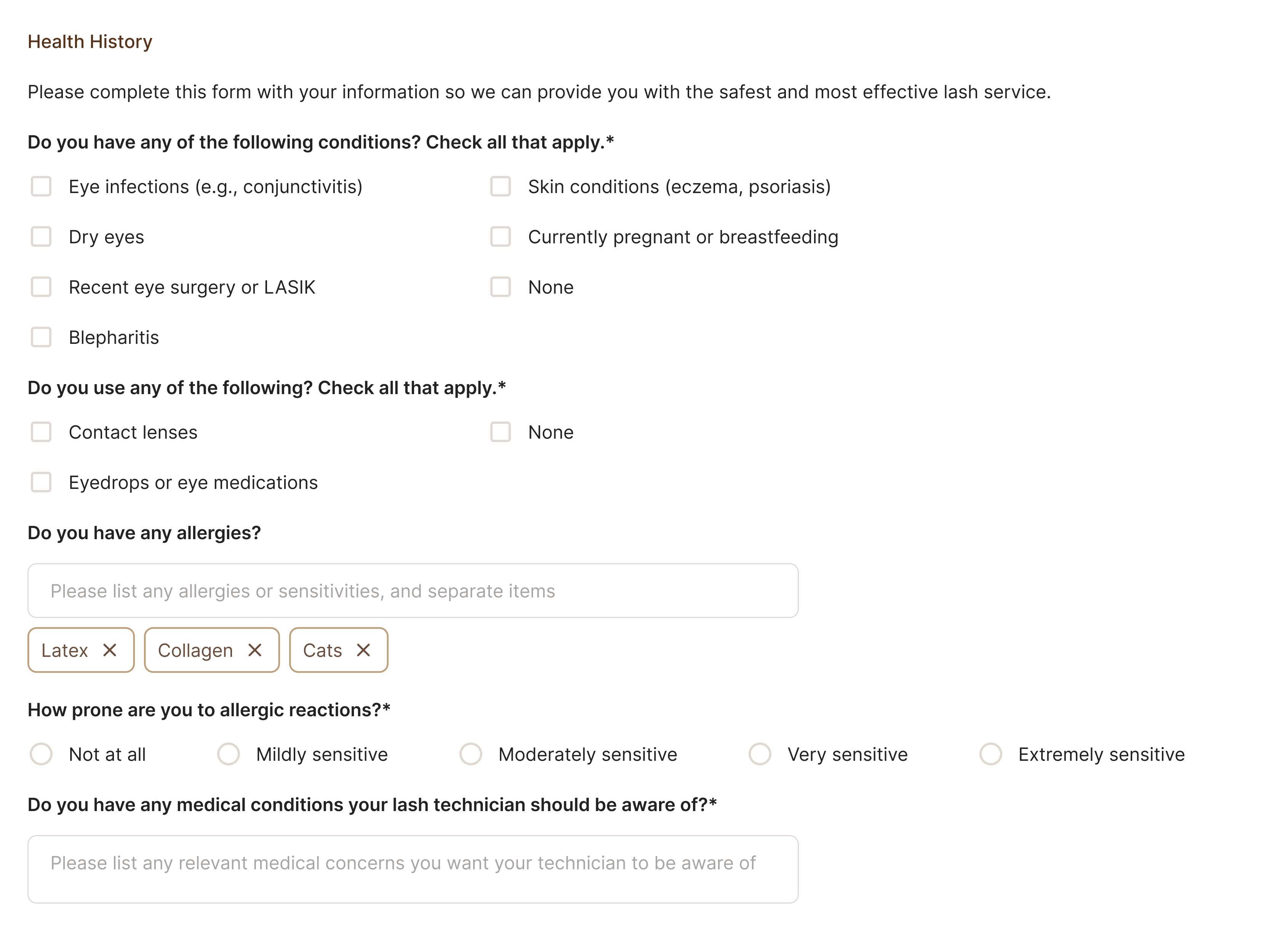 Health history and consent questionnaire with allergies and medical details