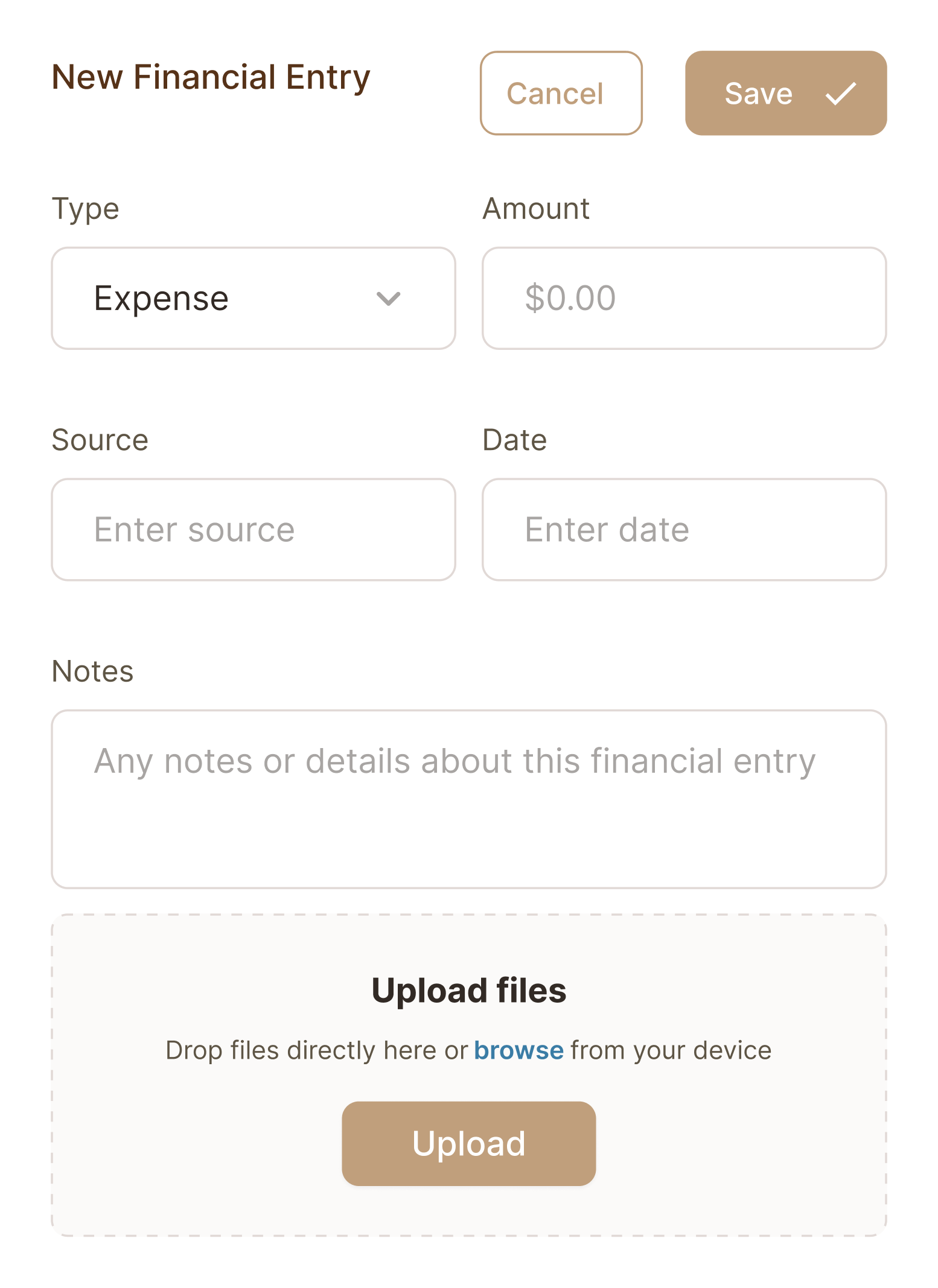 New financial entry form for type, amount, source, date, notes, and file uploads