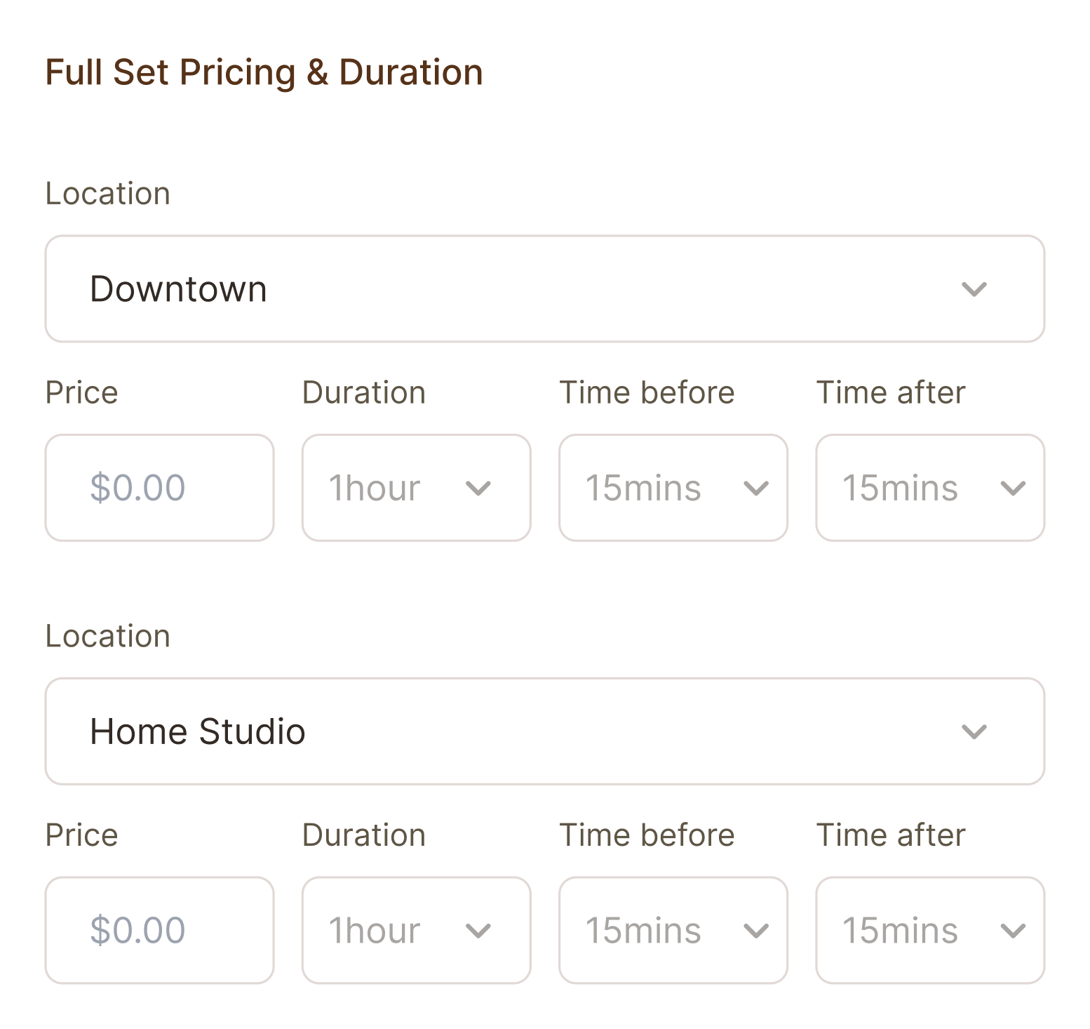 Full set pricing and duration settings per location