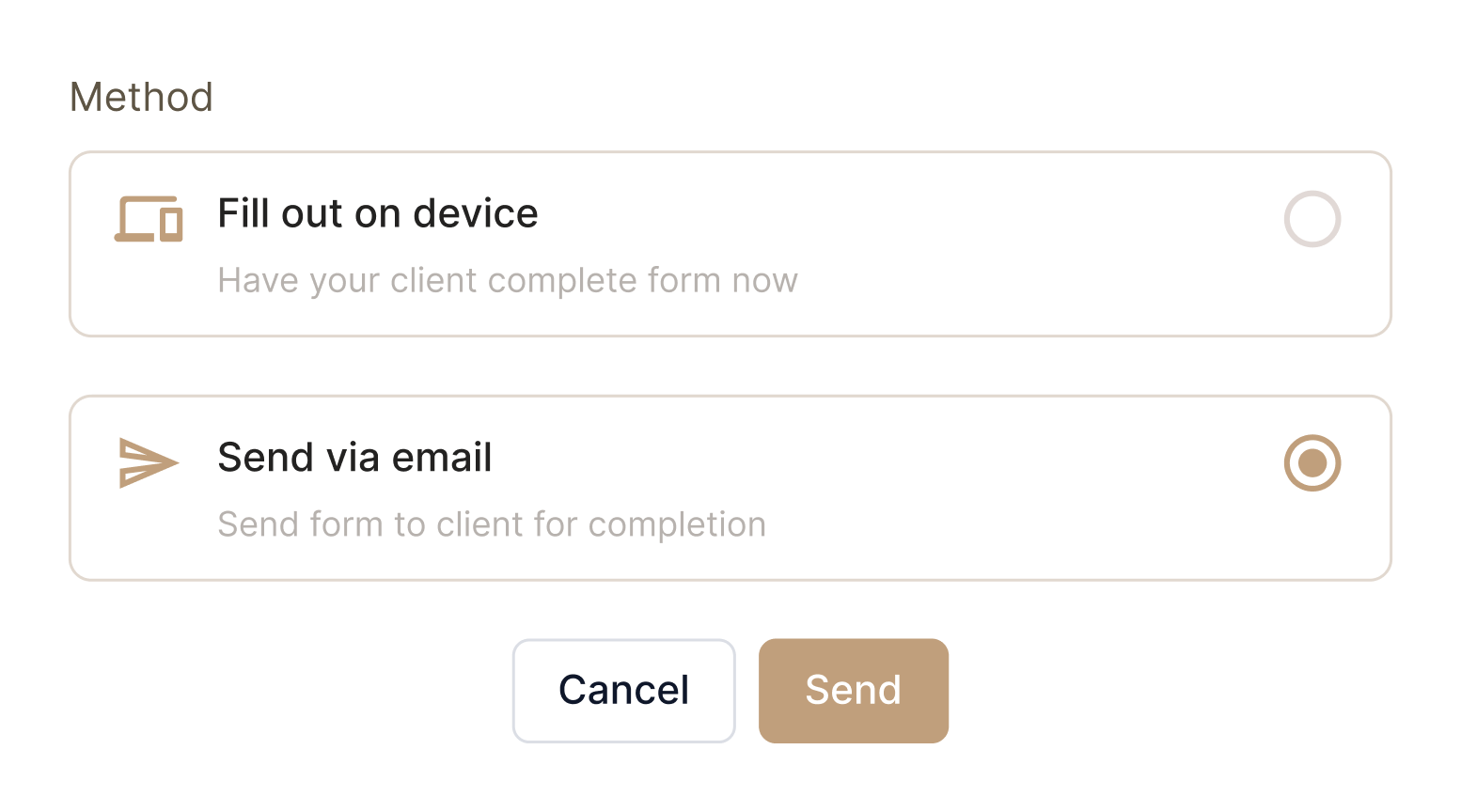Choose to fill out consent on device or send form via email