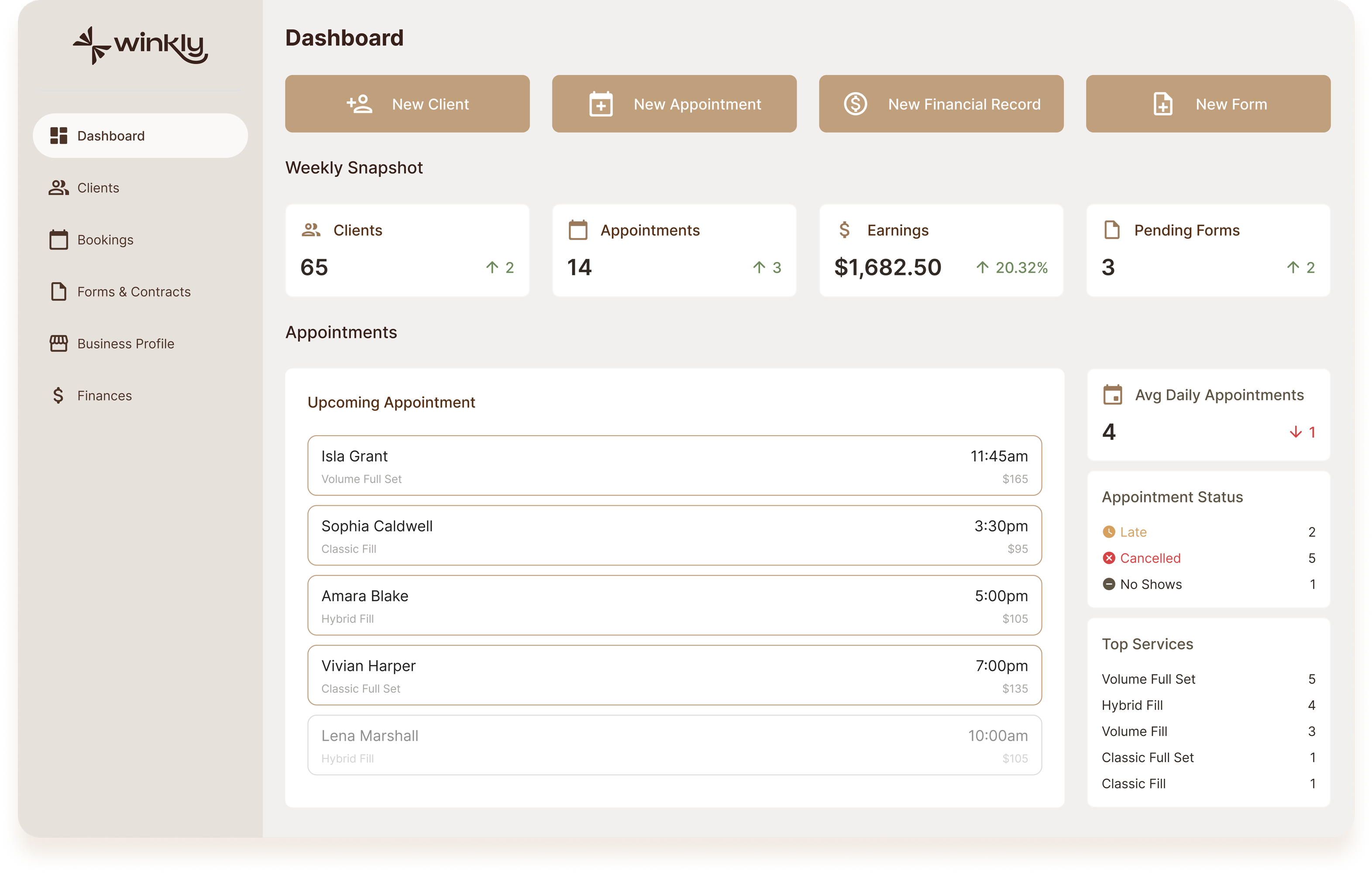 Winkly dashboard showing appointments, clients, and earnings