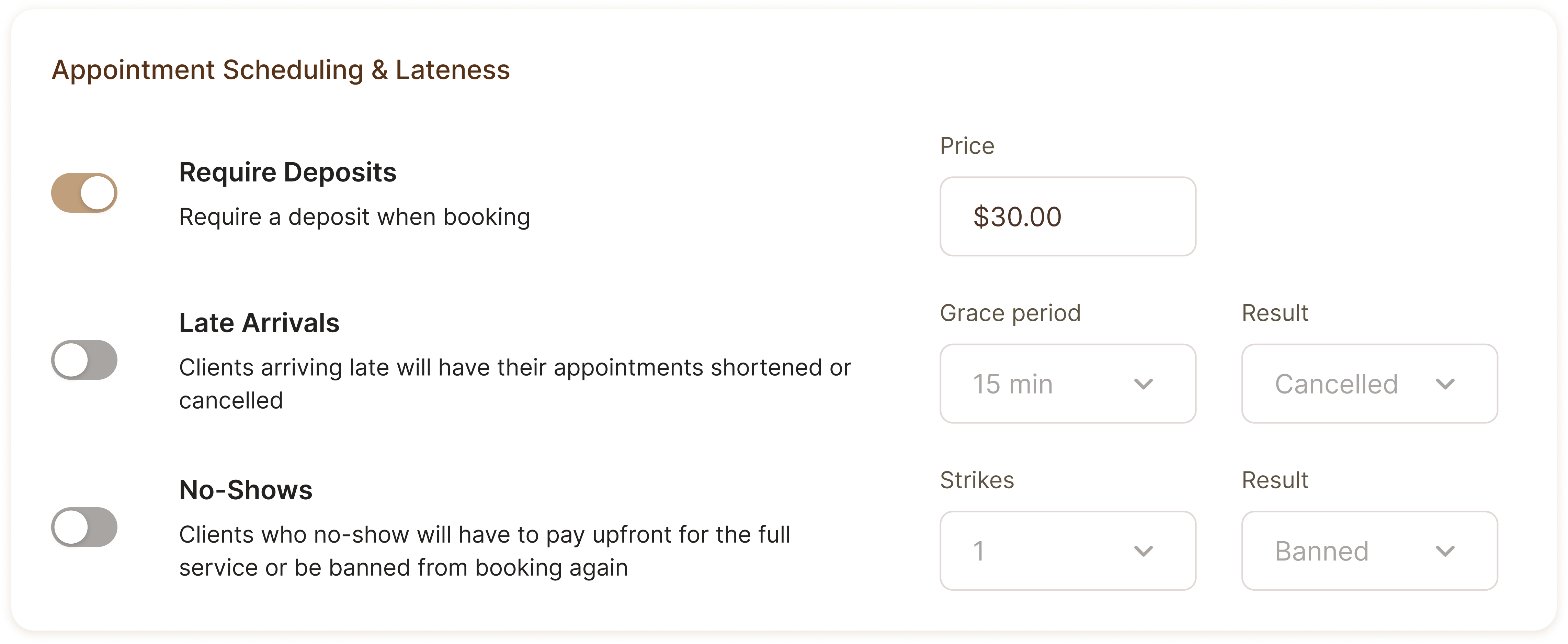 Appointment scheduling and lateness policy toggles