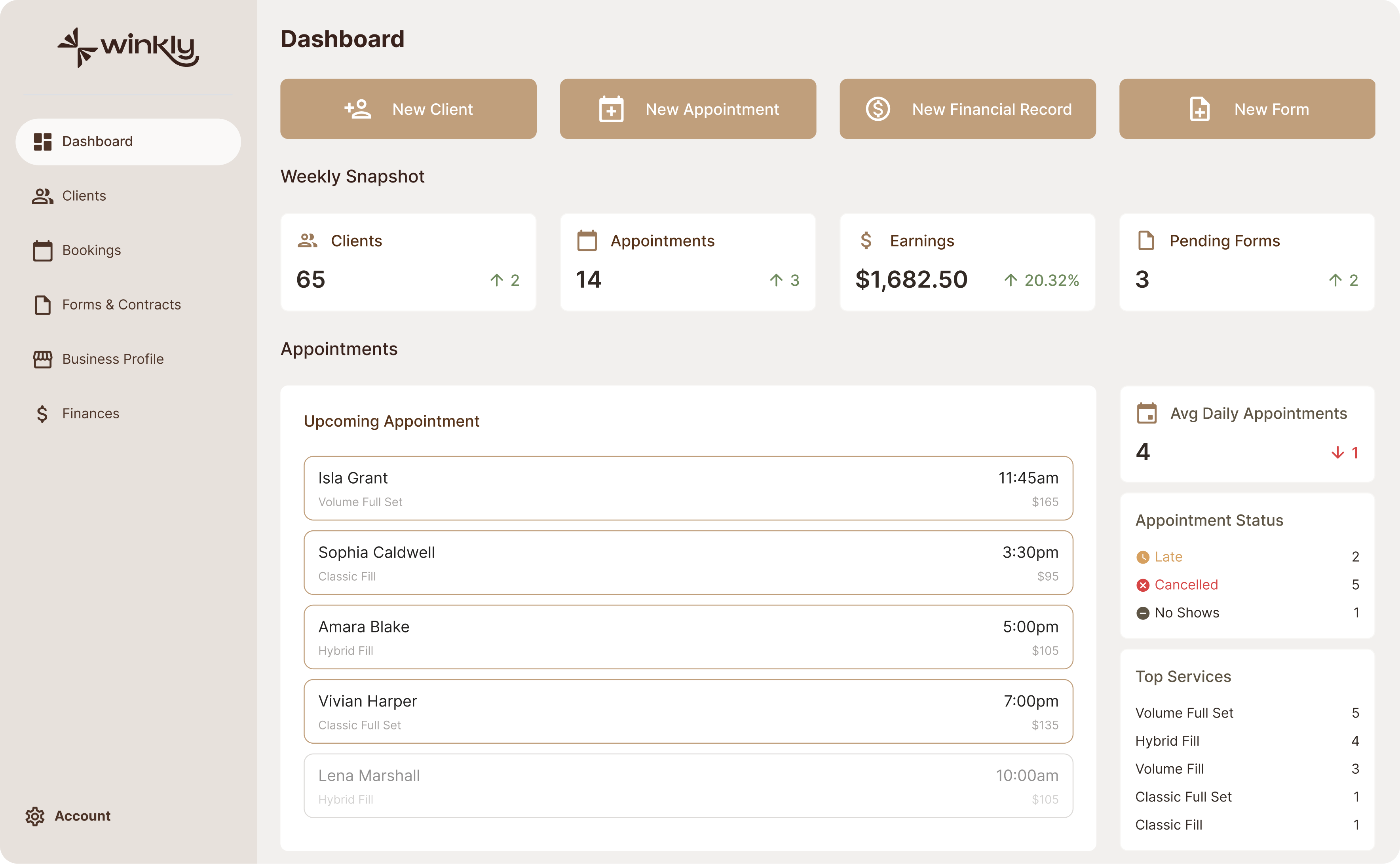 Winkly dashboard with sidebar navigation, weekly snapshot, upcoming appointments, and statistics