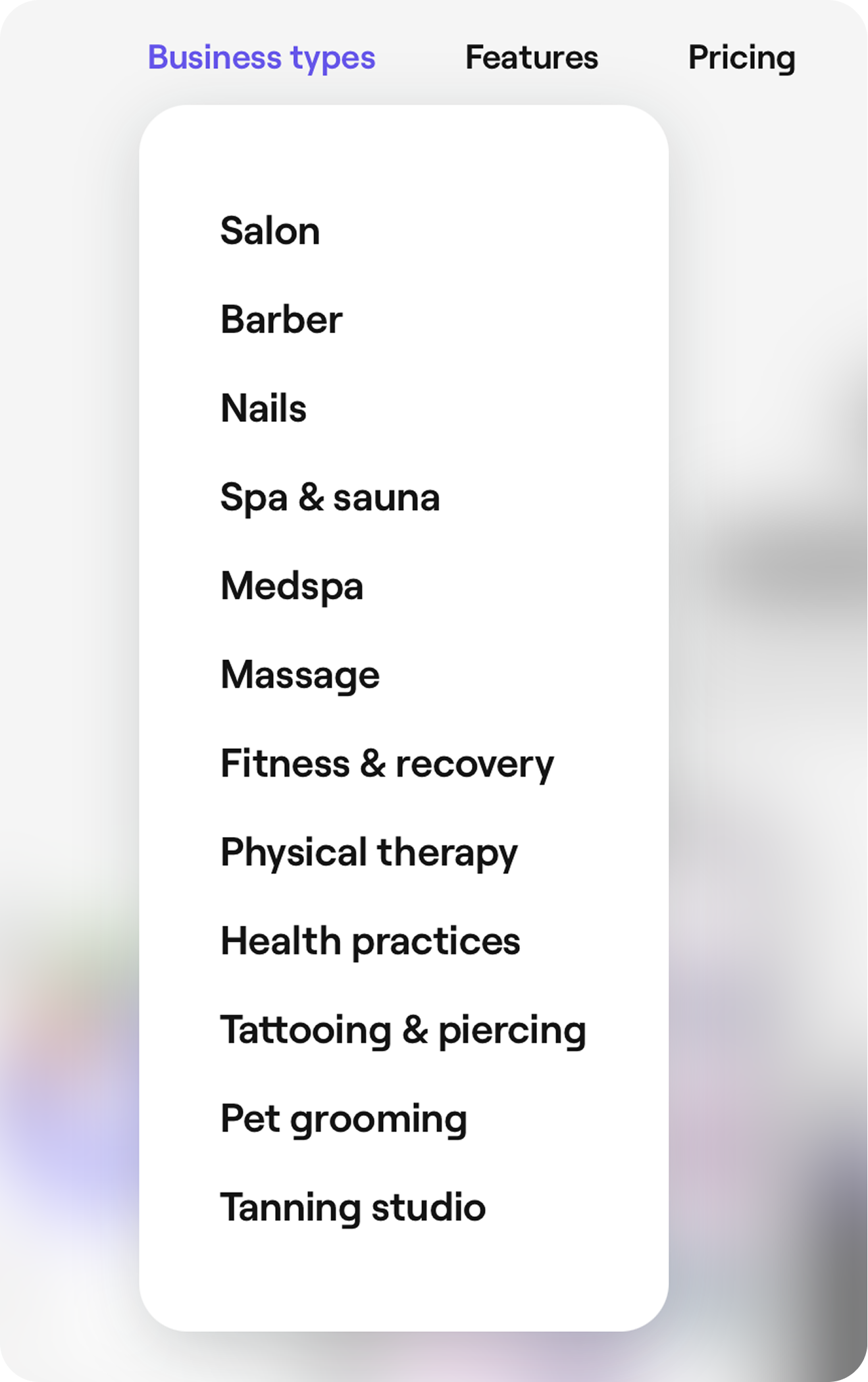 Generic booking software showing a business types menu for salon, barber, nails, spa, and similar industries instead of lash technicians