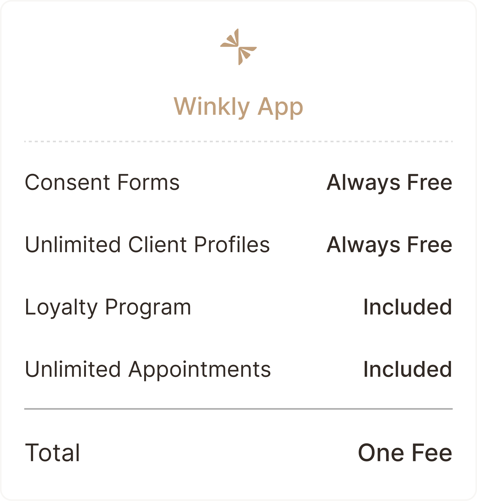Winkly receipt showing included loyalty and appointments with a single transparent fee